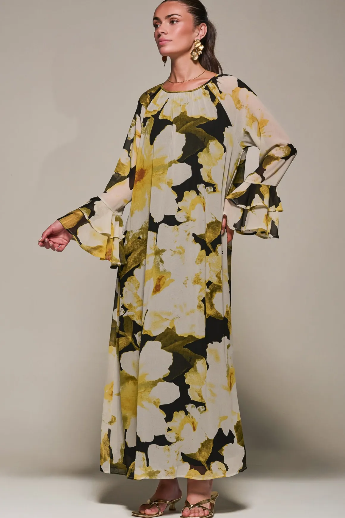 Chiffon Long Sleeve Shift Maxi Dress, Black Floral