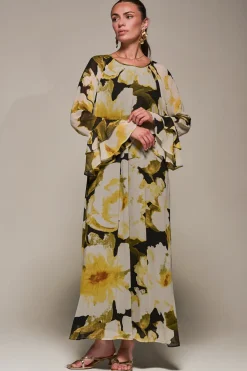 Chiffon Long Sleeve Shift Maxi Dress, Black Floral