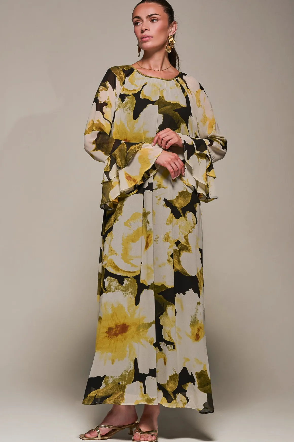Chiffon Long Sleeve Shift Maxi Dress, Black Floral