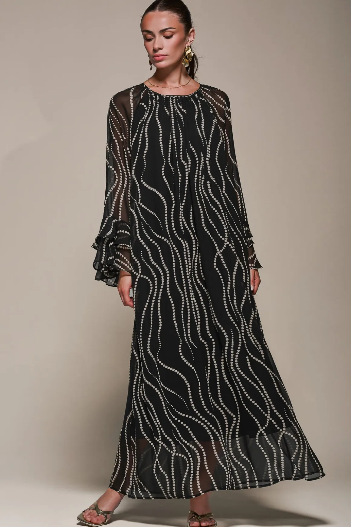 Chiffon Long Sleeve Shift Maxi Dress, Black Spot