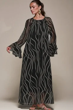 Chiffon Long Sleeve Shift Maxi Dress, Black Spot