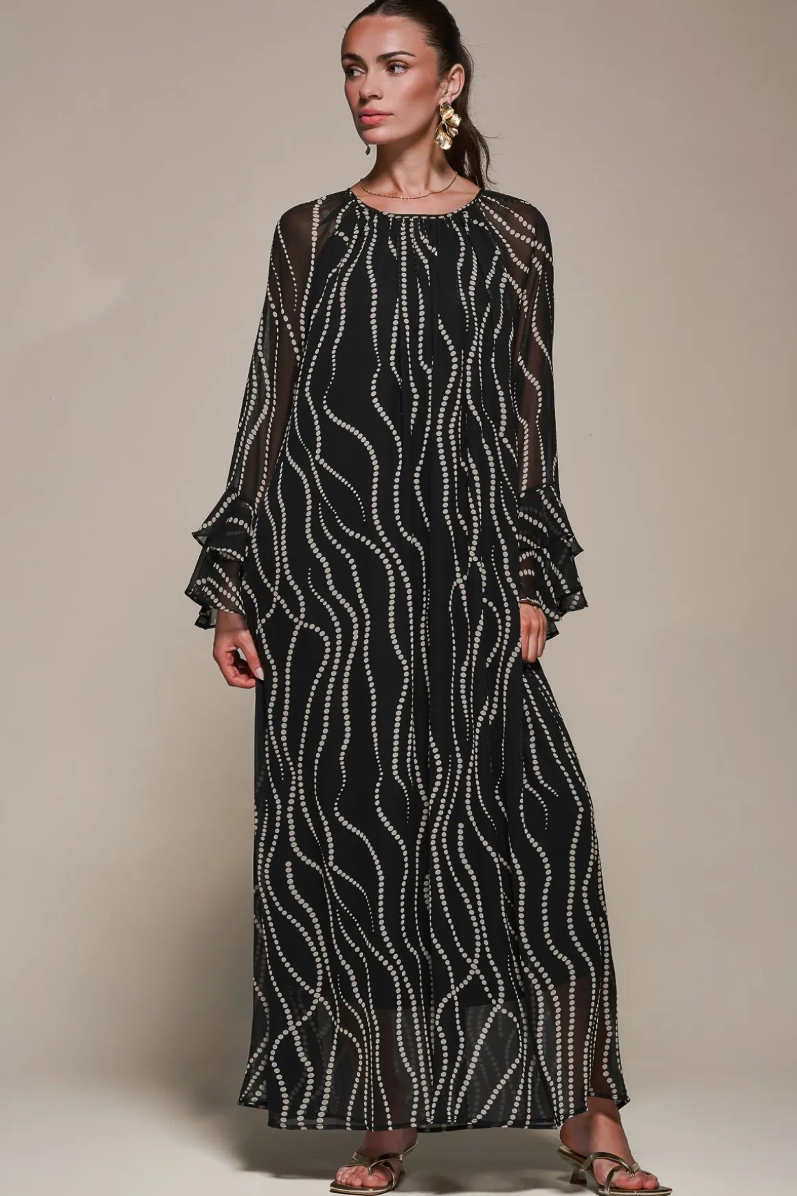 Chiffon Long Sleeve Shift Maxi Dress, Black Spot
