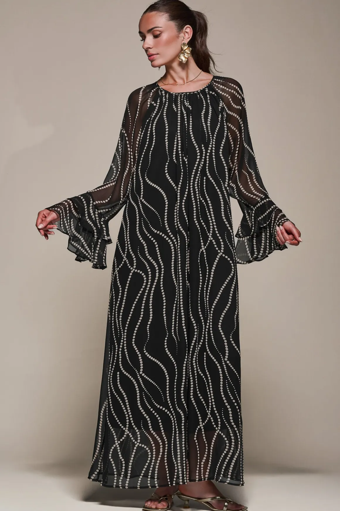 Chiffon Long Sleeve Shift Maxi Dress, Black Spot