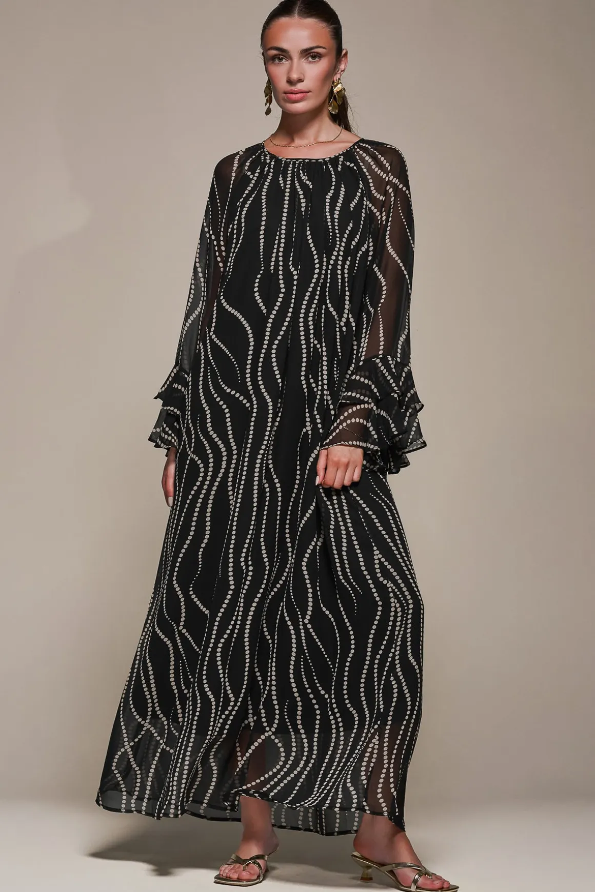 Chiffon Long Sleeve Shift Maxi Dress, Black Spot