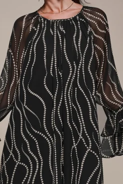 Chiffon Long Sleeve Shift Maxi Dress, Black Spot