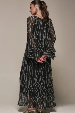 Chiffon Long Sleeve Shift Maxi Dress, Black Spot