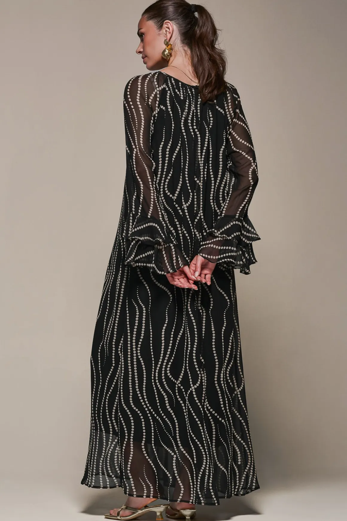 Chiffon Long Sleeve Shift Maxi Dress, Black Spot