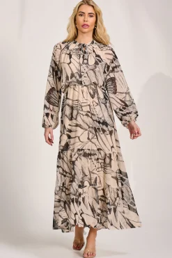 Chiffon Long Sleeve Tiered Maxi Dress, Beige Pattern