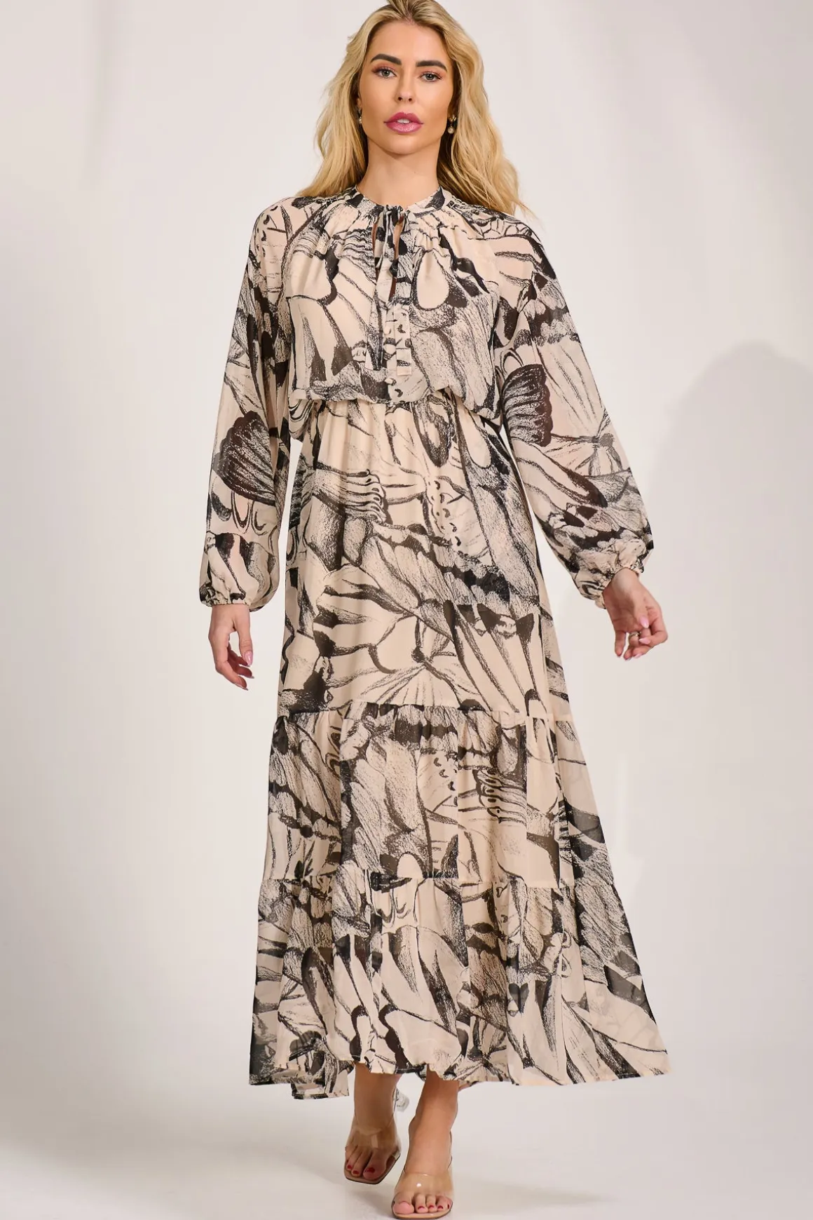 Chiffon Long Sleeve Tiered Maxi Dress, Beige Pattern