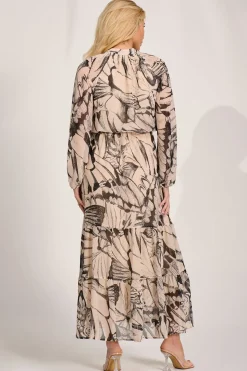 Chiffon Long Sleeve Tiered Maxi Dress, Beige Pattern