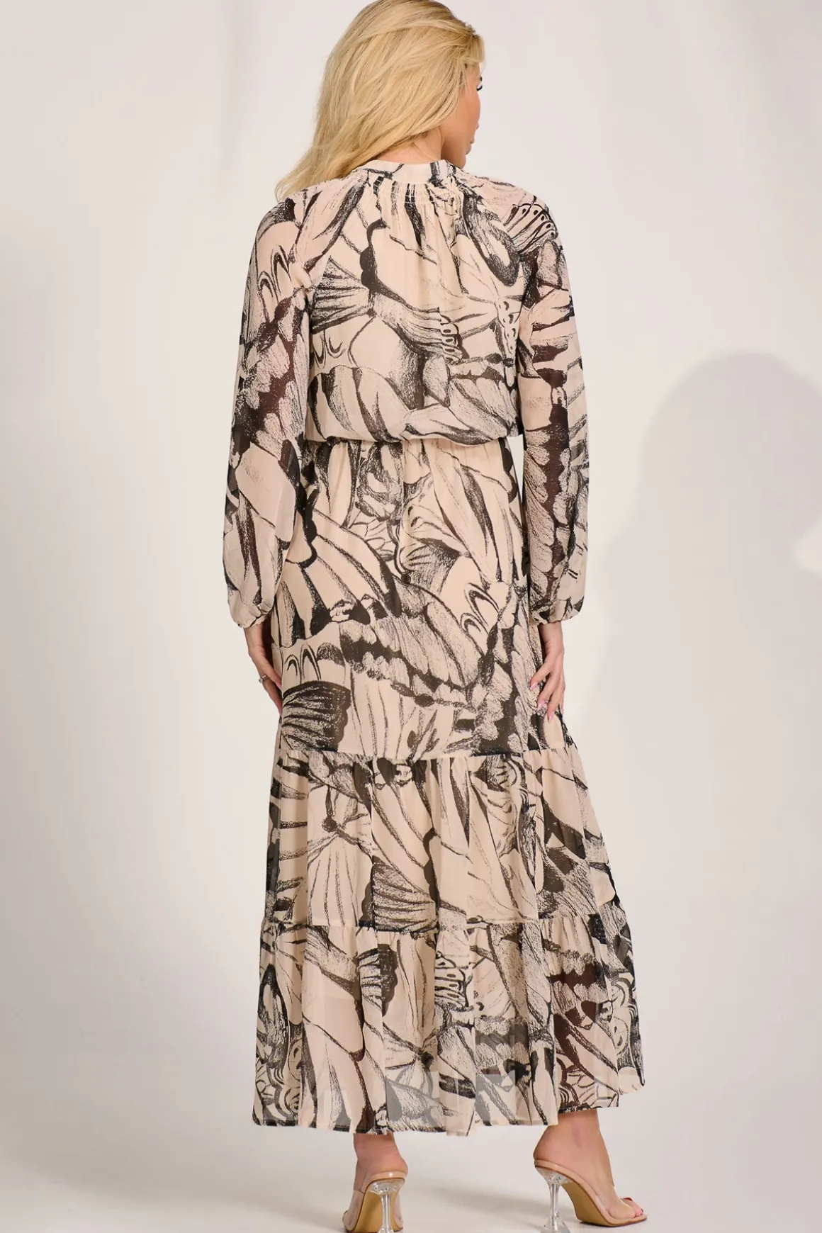Chiffon Long Sleeve Tiered Maxi Dress, Beige Pattern