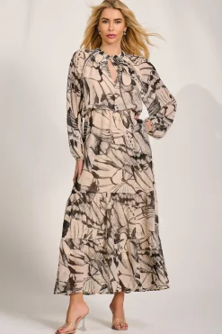 Chiffon Long Sleeve Tiered Maxi Dress, Beige Pattern