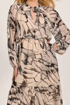 Chiffon Long Sleeve Tiered Maxi Dress, Beige Pattern