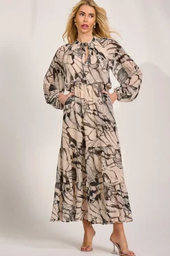 Chiffon Long Sleeve Tiered Maxi Dress, Beige Pattern