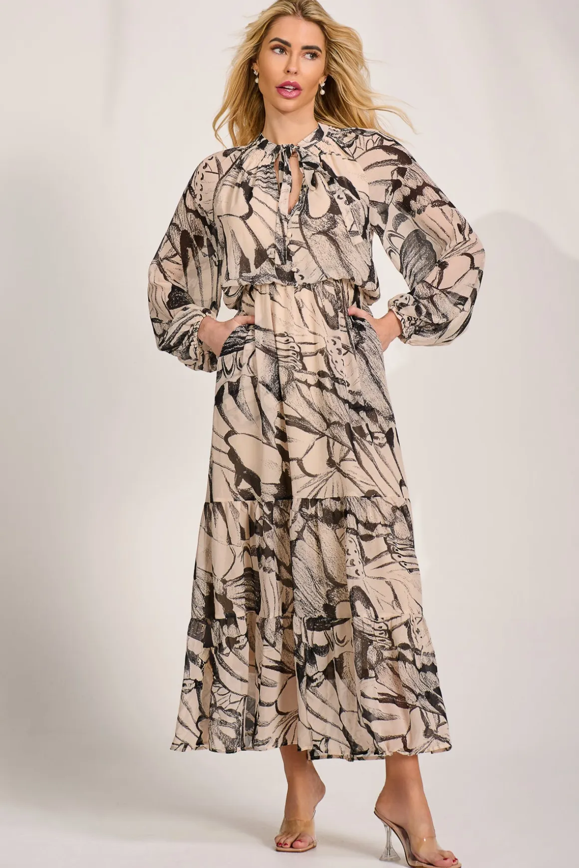 Chiffon Long Sleeve Tiered Maxi Dress, Beige Pattern