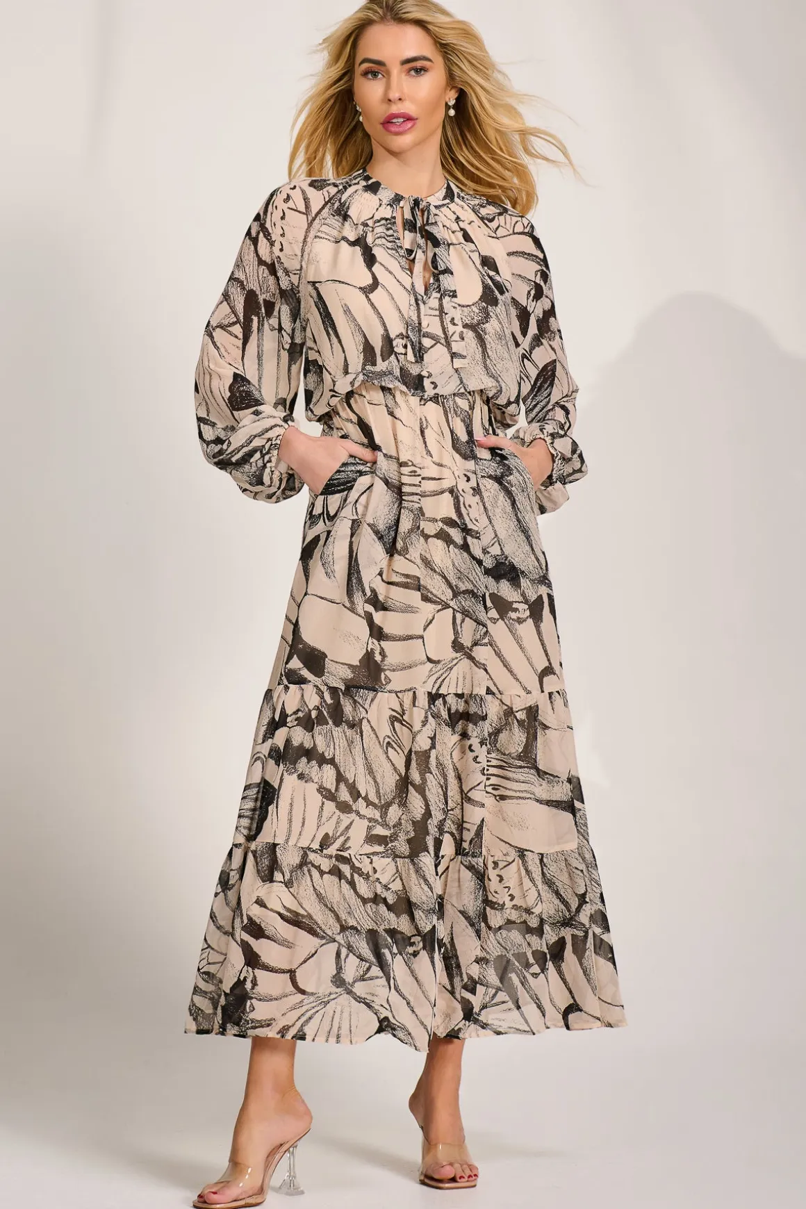 Chiffon Long Sleeve Tiered Maxi Dress, Beige Pattern