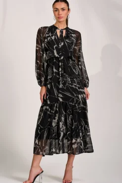 Chiffon Long Sleeve Tiered Maxi Dress, Black Pattern