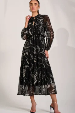 Chiffon Long Sleeve Tiered Maxi Dress, Black Pattern
