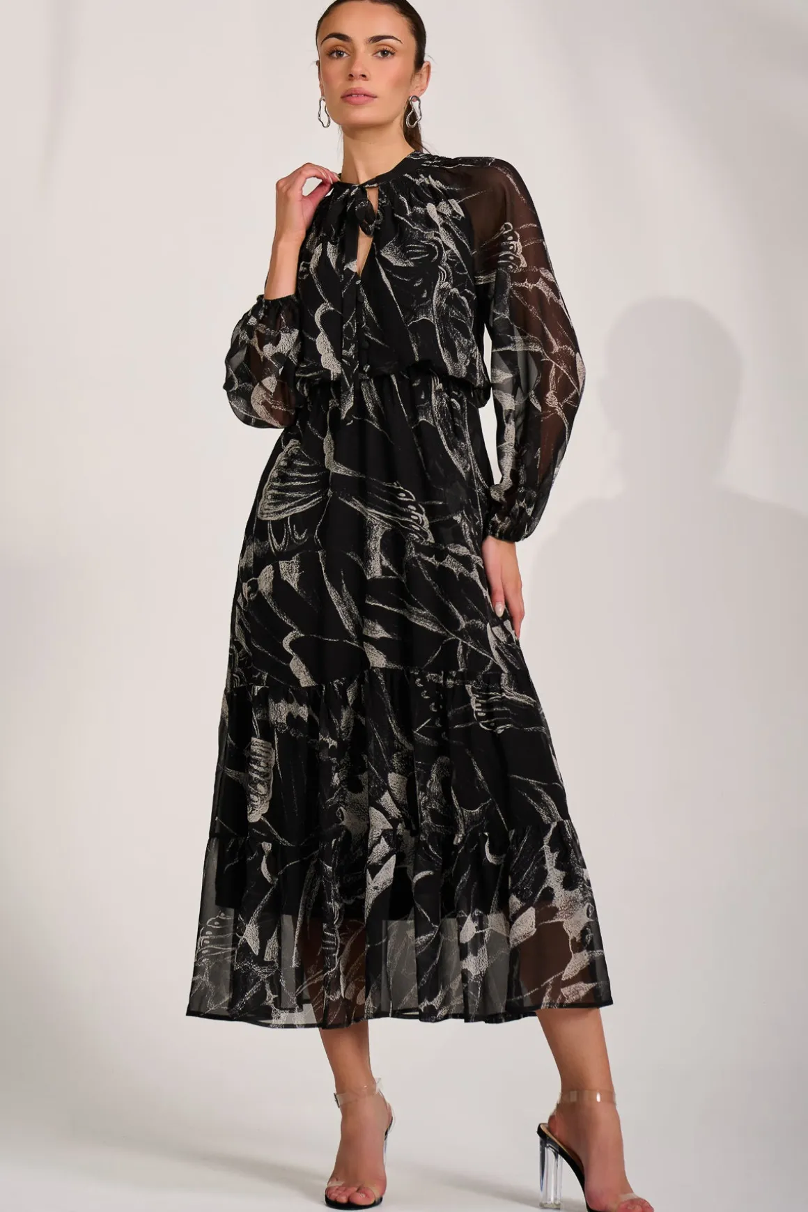 Chiffon Long Sleeve Tiered Maxi Dress, Black Pattern