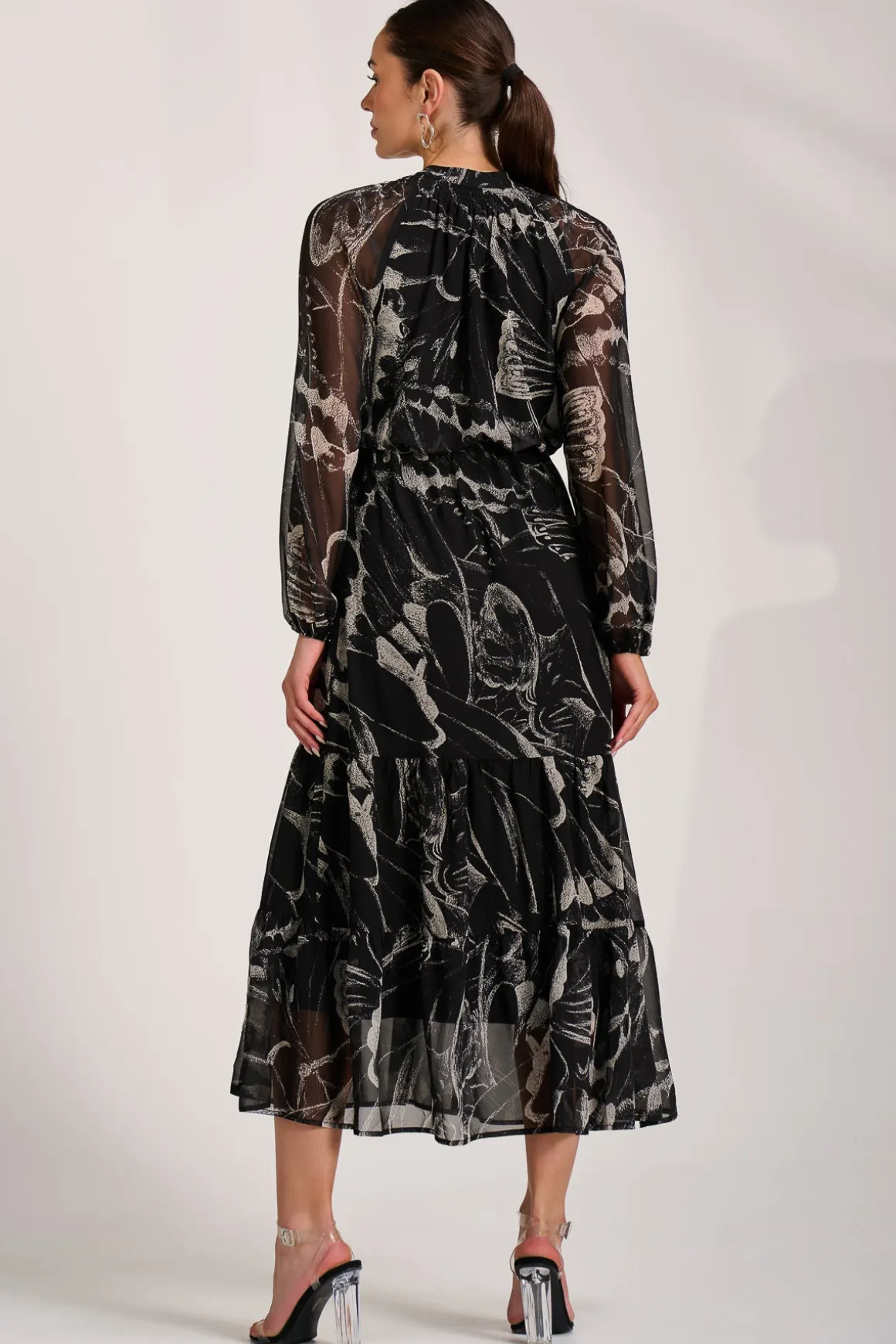 Chiffon Long Sleeve Tiered Maxi Dress, Black Pattern