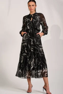 Chiffon Long Sleeve Tiered Maxi Dress, Black Pattern