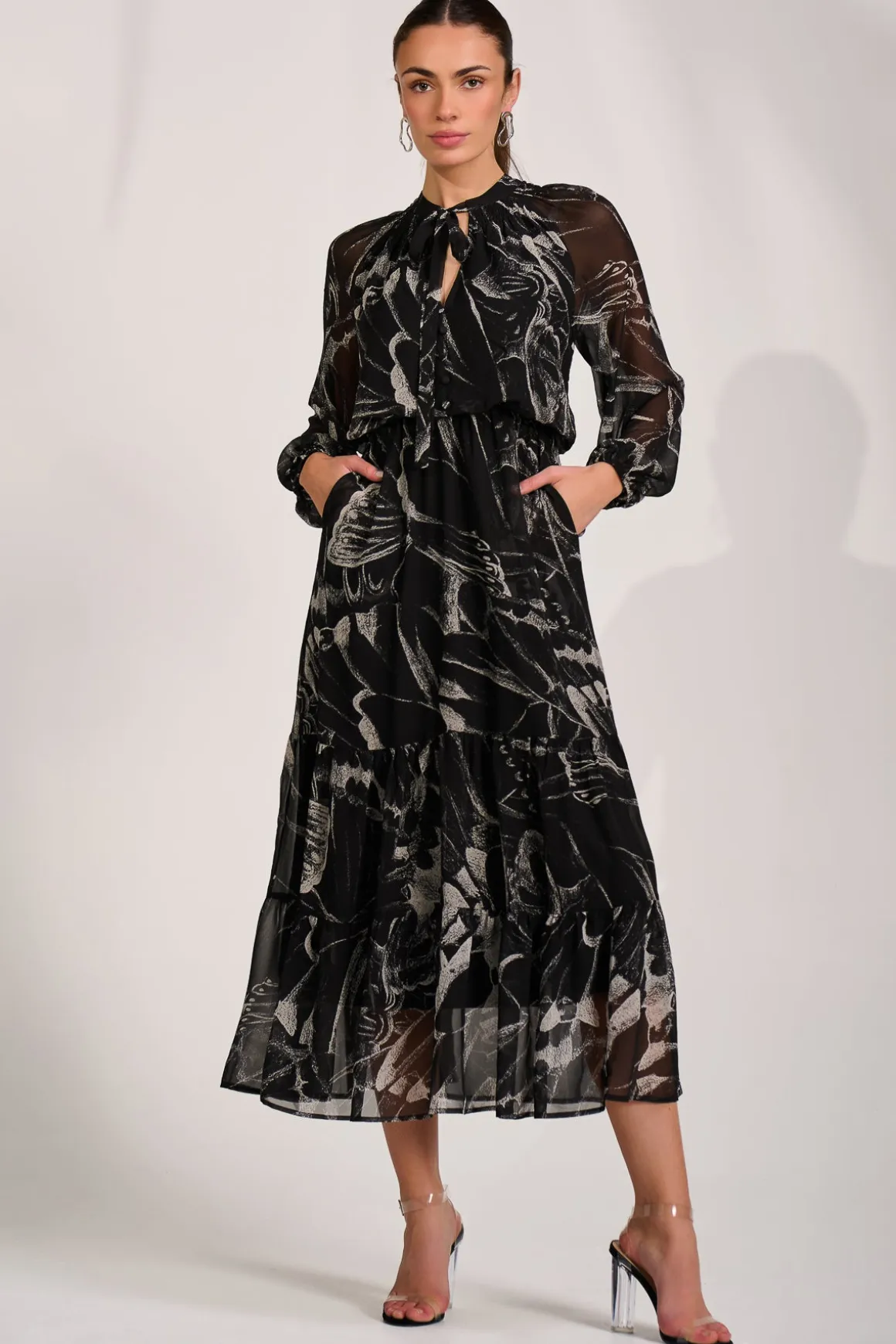 Chiffon Long Sleeve Tiered Maxi Dress, Black Pattern