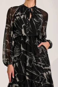 Chiffon Long Sleeve Tiered Maxi Dress, Black Pattern
