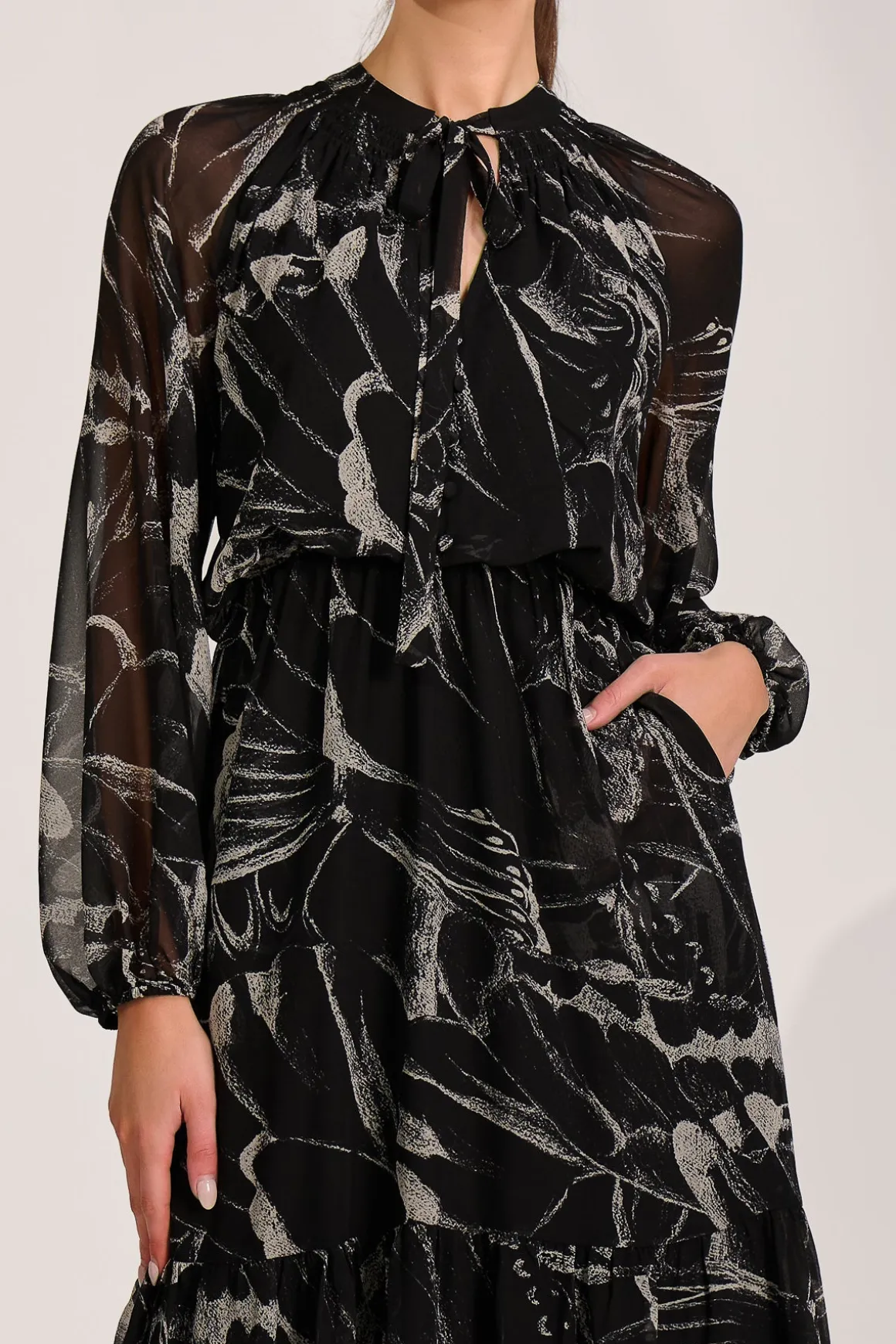 Chiffon Long Sleeve Tiered Maxi Dress, Black Pattern