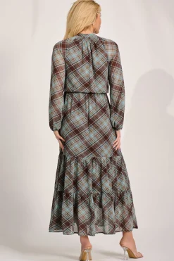 Chiffon Long Sleeve Tiered Maxi Dress, Brown Check