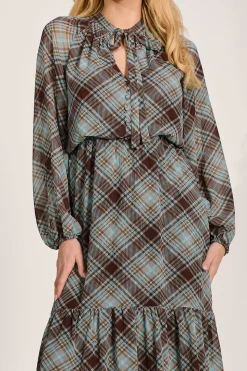 Chiffon Long Sleeve Tiered Maxi Dress, Brown Check