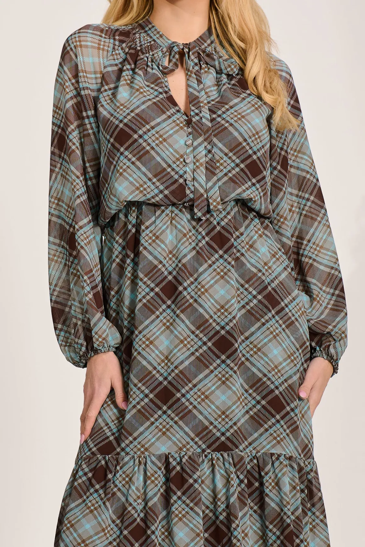 Chiffon Long Sleeve Tiered Maxi Dress, Brown Check