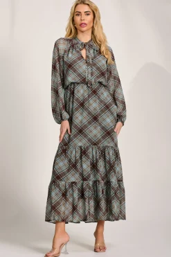 Chiffon Long Sleeve Tiered Maxi Dress, Brown Check
