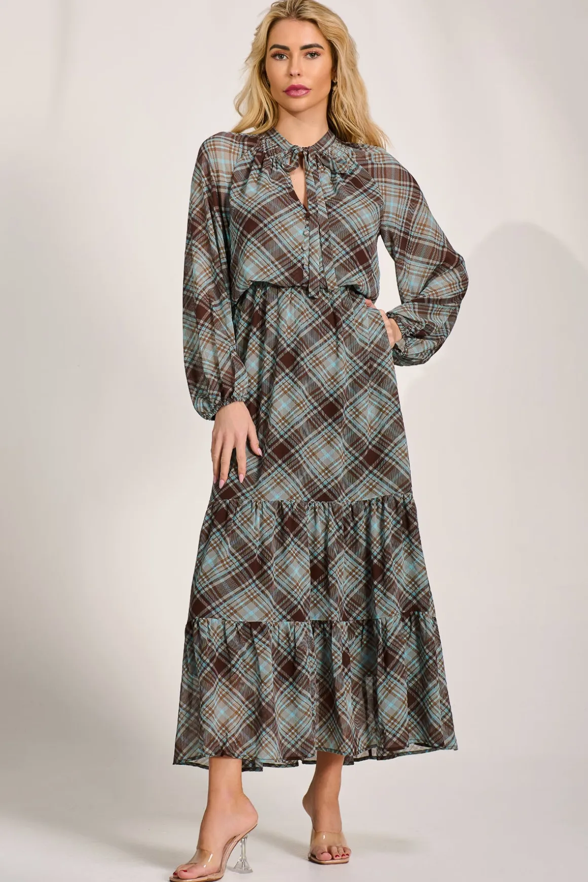 Chiffon Long Sleeve Tiered Maxi Dress, Brown Check