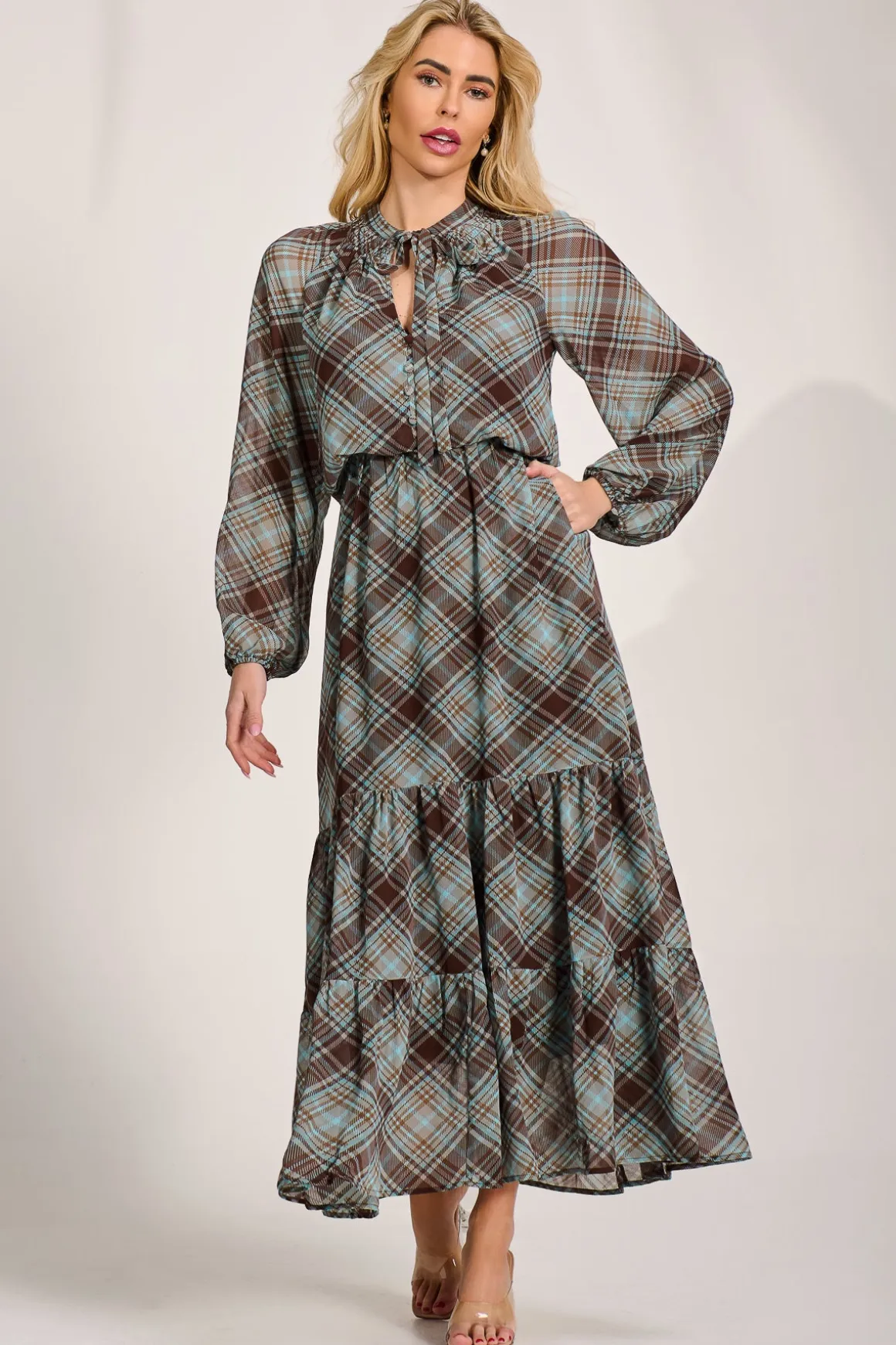 Chiffon Long Sleeve Tiered Maxi Dress, Brown Check