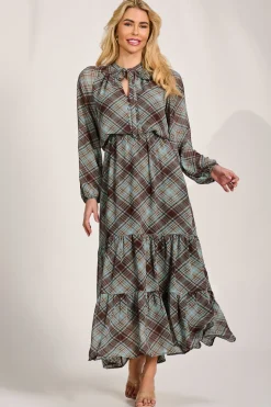 Chiffon Long Sleeve Tiered Maxi Dress, Brown Check