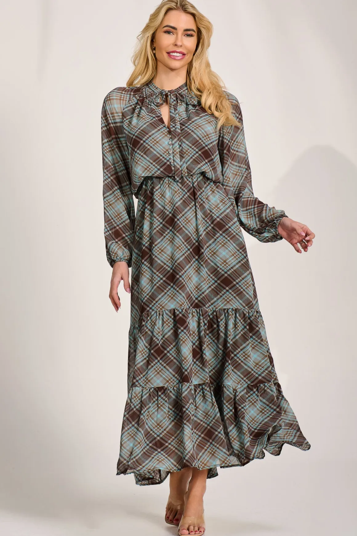 Chiffon Long Sleeve Tiered Maxi Dress, Brown Check