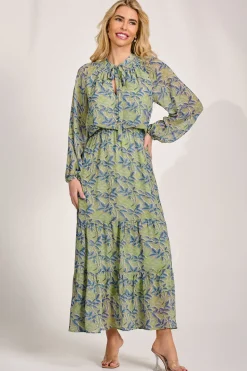 Chiffon Long Sleeve Tiered Maxi Dress, Green Multi