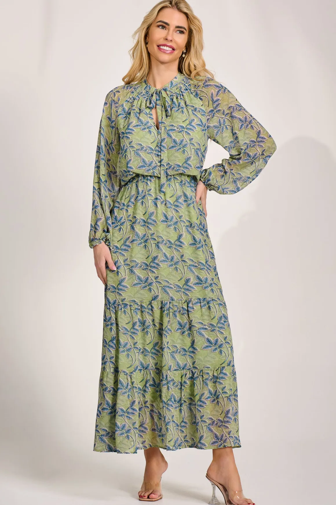 Chiffon Long Sleeve Tiered Maxi Dress, Green Multi