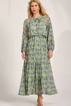Chiffon Long Sleeve Tiered Maxi Dress, Green Multi