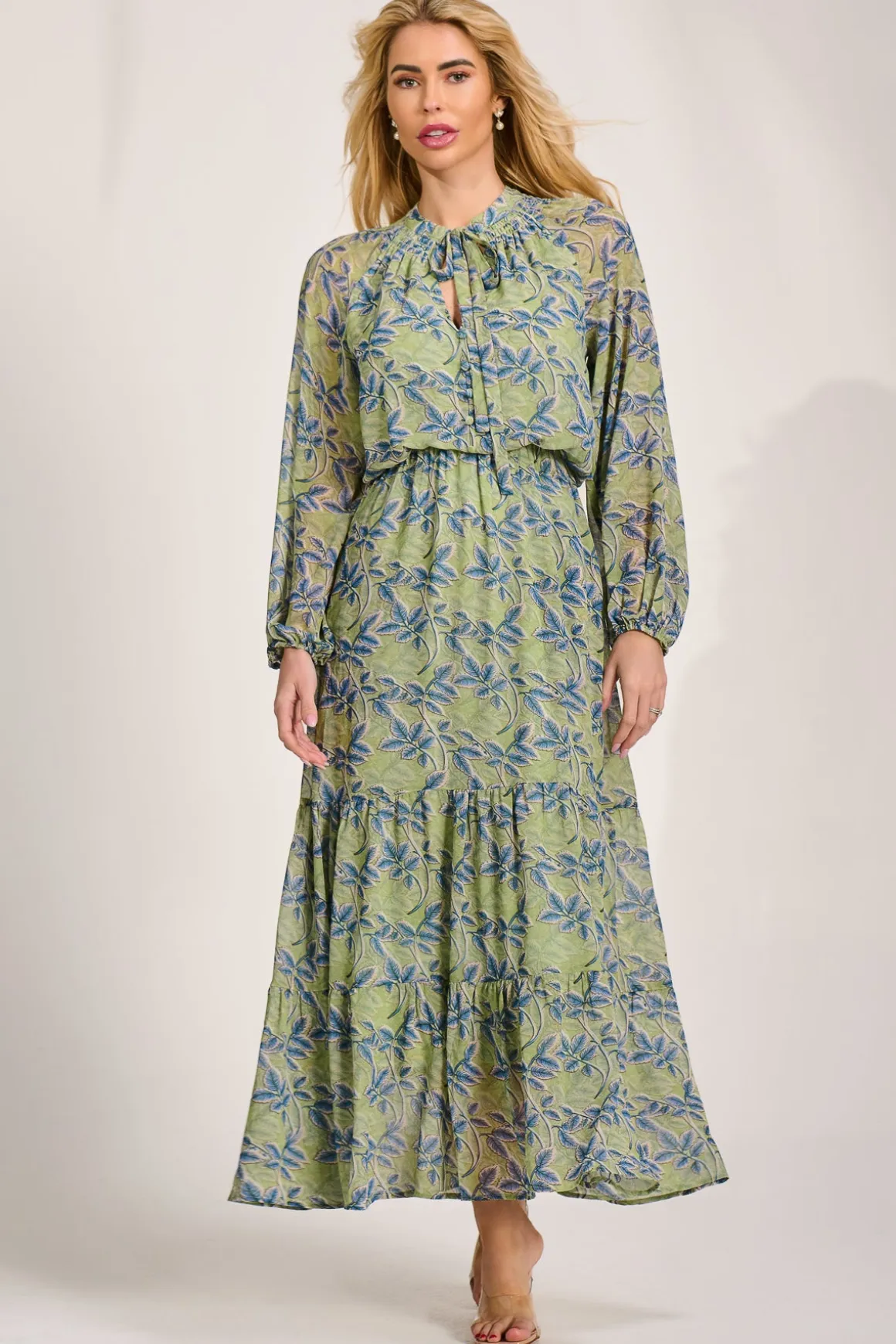 Chiffon Long Sleeve Tiered Maxi Dress, Green Multi