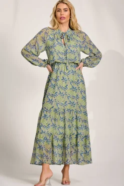 Chiffon Long Sleeve Tiered Maxi Dress, Green Multi