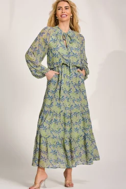 Chiffon Long Sleeve Tiered Maxi Dress, Green Multi