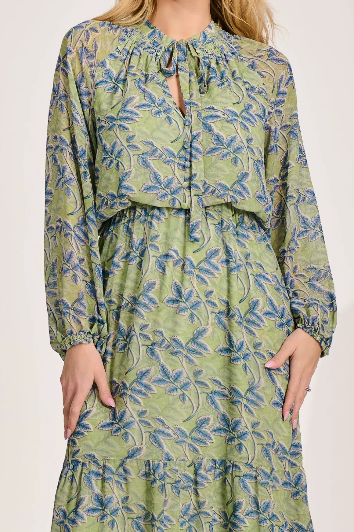 Chiffon Long Sleeve Tiered Maxi Dress, Green Multi
