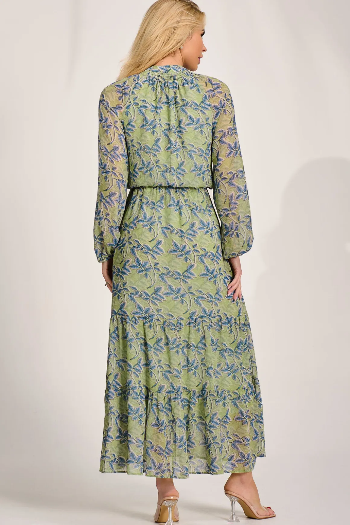 Chiffon Long Sleeve Tiered Maxi Dress, Green Multi