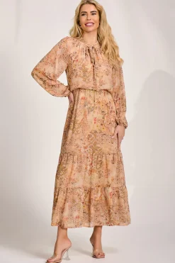 Chiffon Long Sleeve Tiered Maxi Dress, Orange Multi