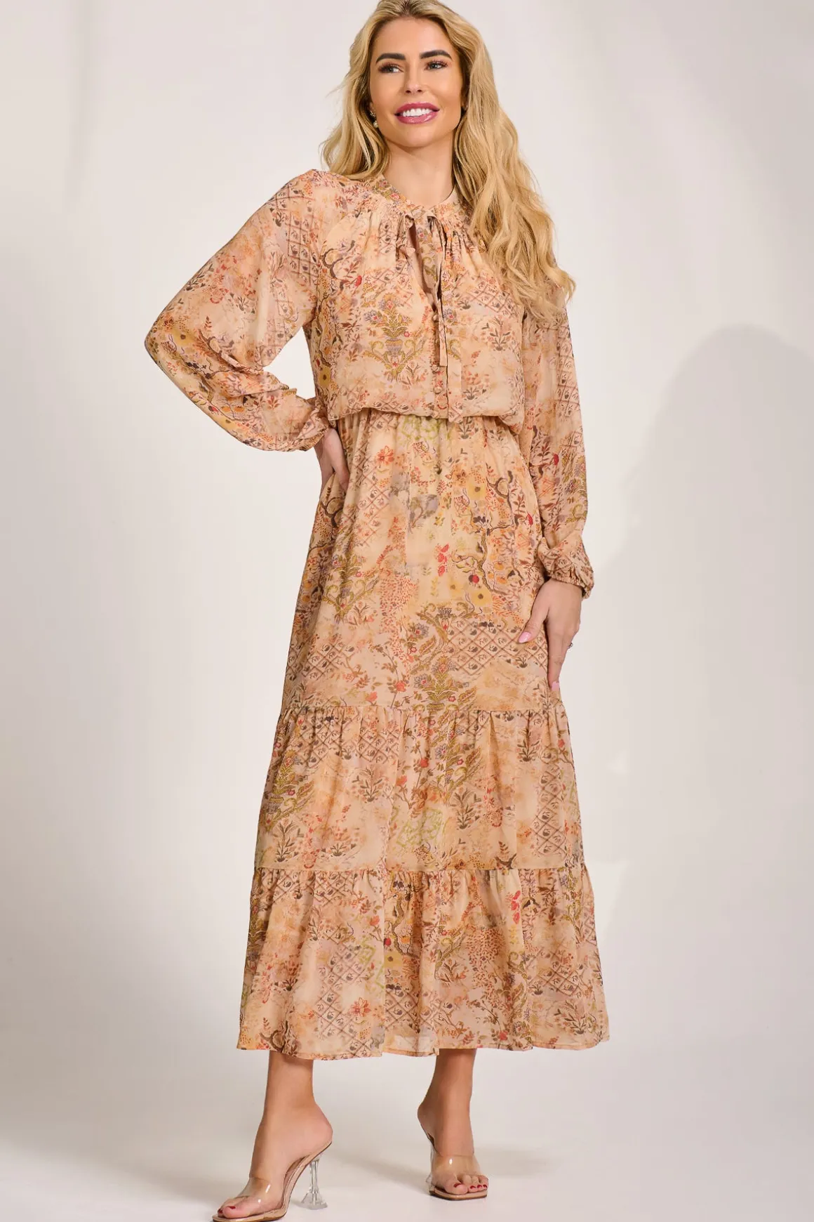Chiffon Long Sleeve Tiered Maxi Dress, Orange Multi