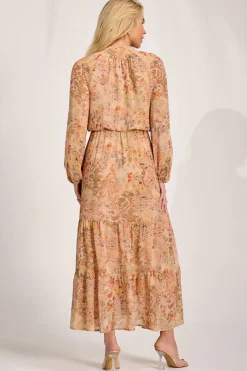 Chiffon Long Sleeve Tiered Maxi Dress, Orange Multi