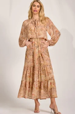 Chiffon Long Sleeve Tiered Maxi Dress, Orange Multi