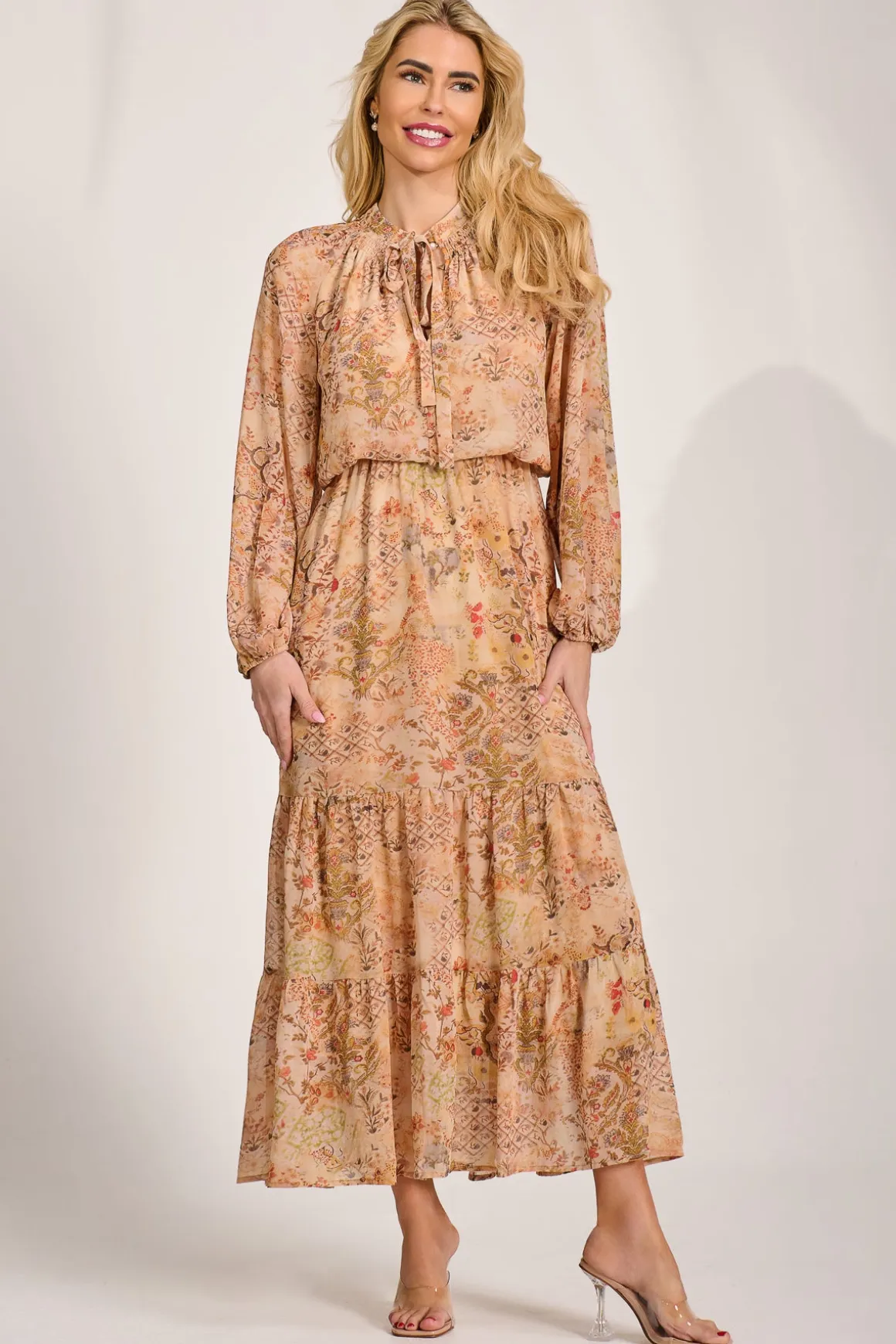 Chiffon Long Sleeve Tiered Maxi Dress, Orange Multi