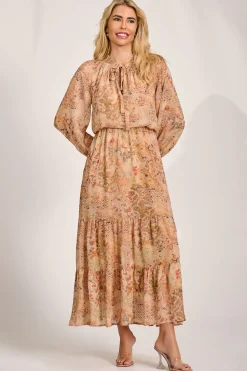 Chiffon Long Sleeve Tiered Maxi Dress, Orange Multi